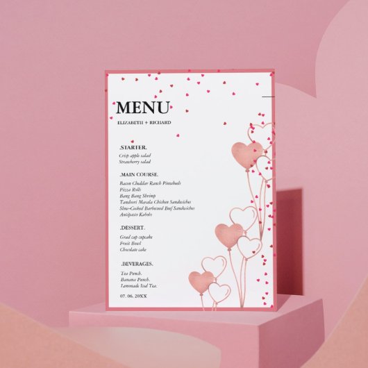 Menu Fête des mariées mariage Valentine Pink & Red Hear