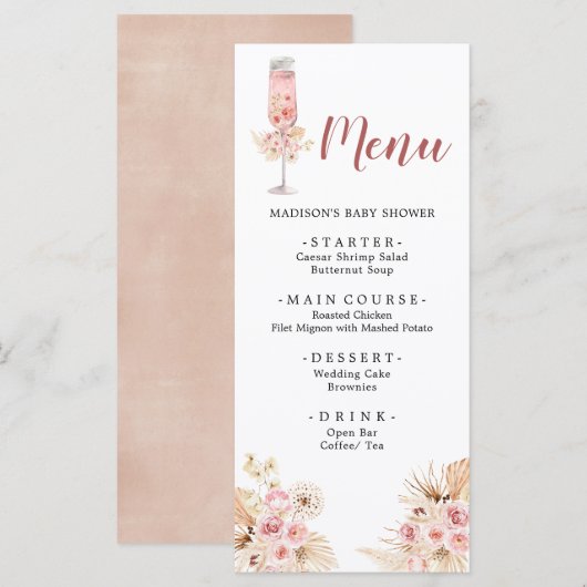 Menu Fête des mariées Soiree Rose Boho Rose (Devant / Derrière)