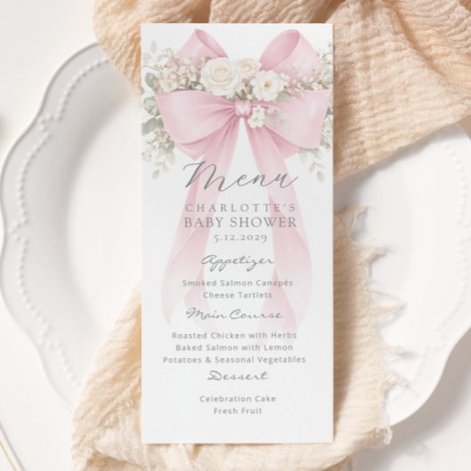 Menu Fête élégante de bébé à ruban rose