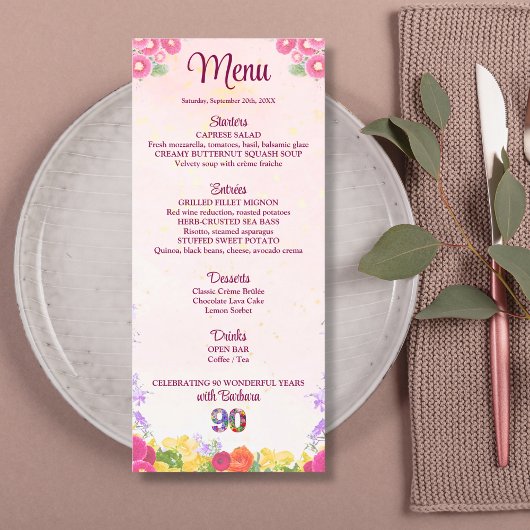 Menu Fête Florale 90e Anniversaire - Elégant Pastel 90