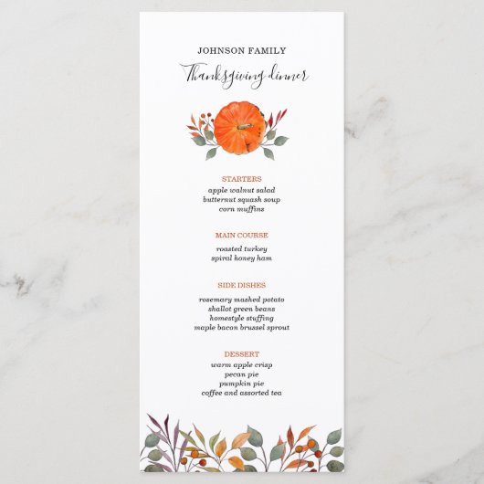Menu Feuillage citrouille et automne Thanksgiving dîner (Devant)