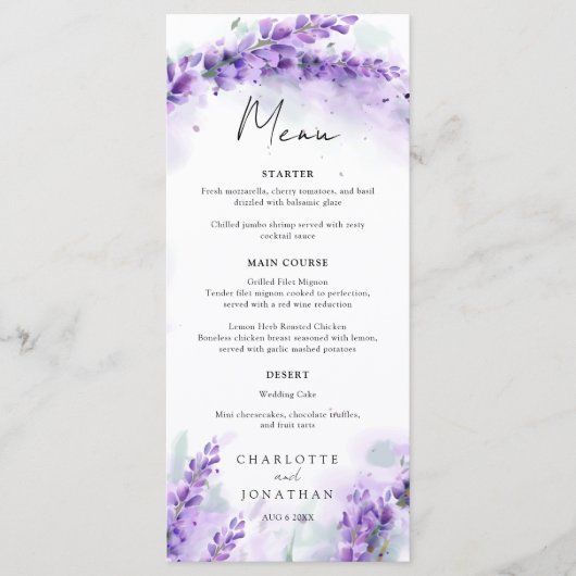Menu Feuillage de lavande Dusty Mariage d'aquarelle mod (Devant)