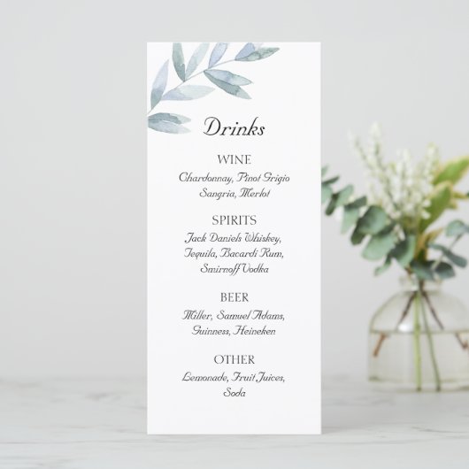 Menu Feuille classique aquarelle. Barre mariage simple (Debout devant)