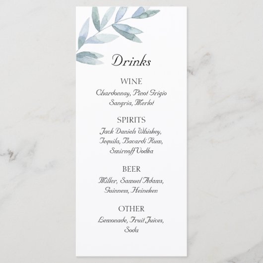 Menu Feuille classique aquarelle. Barre mariage simple (Devant)