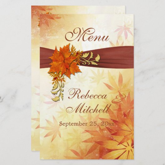Menu feuille d'automne rouge et or (Devant / Derrière)