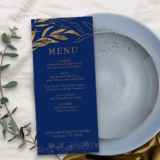 Menu Feuille d'or et Confetti Royal Blue