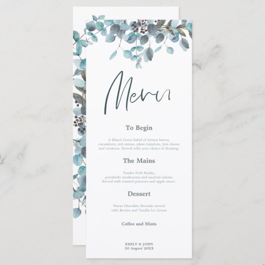 Menu Feuilles Blue Eucalyptus mariage de script élégant (Devant / Derrière)