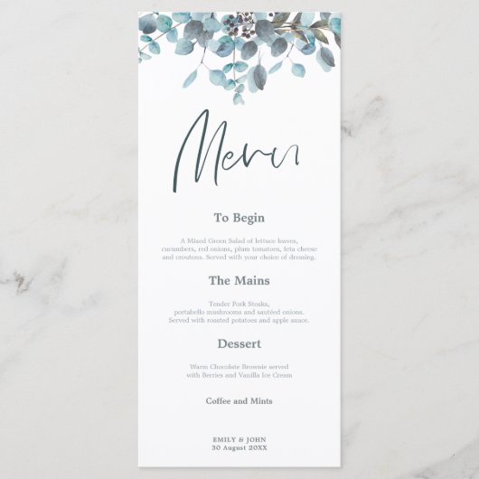 Menu Feuilles Blue Eucalyptus mariage de script élégant (Devant)