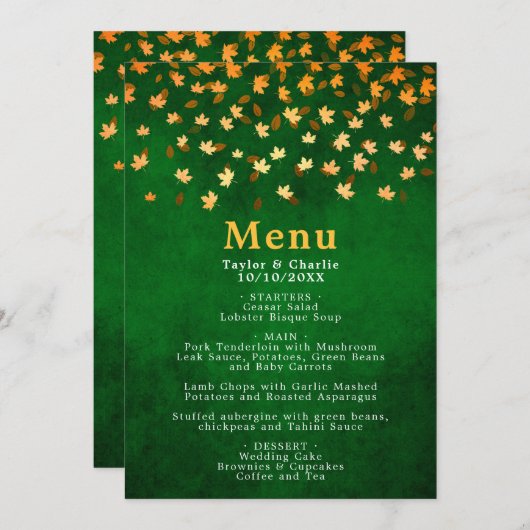 Menu Feuilles d'automne Gold et Mariage vert (Devant / Derrière)