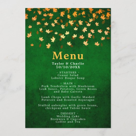 Menu Feuilles d'automne Gold et Mariage vert (Devant)