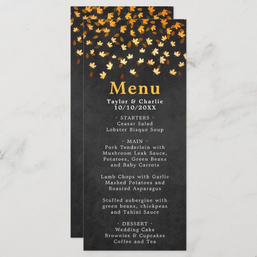 Menu Feuilles d'automne Mariage noir et or (Devant / Derrière)