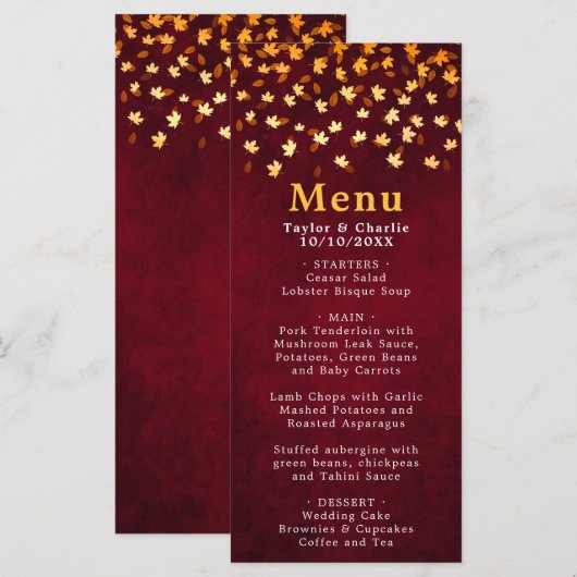 Menu Feuilles d'automne Mariage rouge et or (Devant / Derrière)