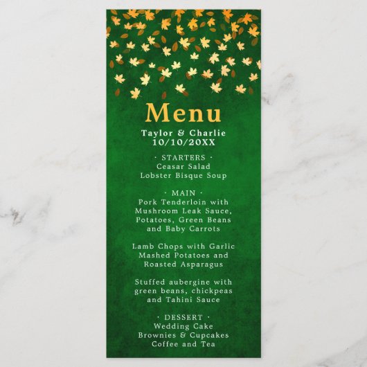 Menu Feuilles d'automne Mariage vert et or (Devant)