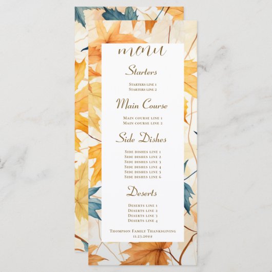 Menu Feuilles de l'érable Thanksgiving Brunch Dîner (Devant / Derrière)