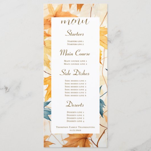 Menu Feuilles de l'érable Thanksgiving Brunch Dîner (Devant)