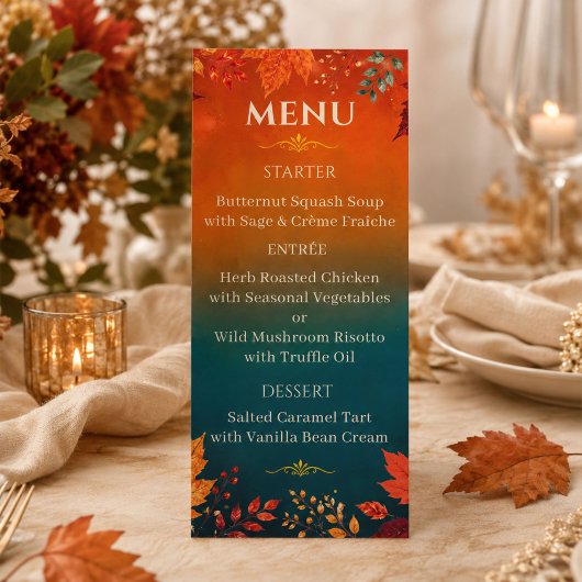 Menu Feuilles de Teal et Orange d'Automne Rustique