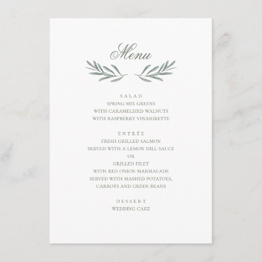 Menu Feuilles d'olive simples. Mariage italien. Botaniq (Devant)