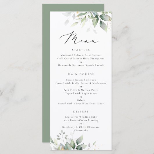 Menu Feuilles d'or vert Aquarelle Eucalyptus Mariage (Devant / Derrière)
