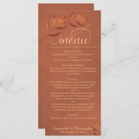 Menu Feuilles en terre cuite avec goût Mariage de scrip (Devant / Derrière)