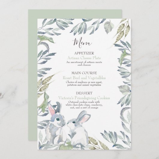 Menu Feuilles Peintes et Lapins de Forêt à l'Aquarelle (Devant / Derrière)