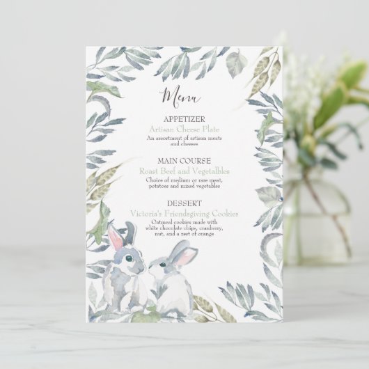 Menu Feuilles Peintes et Lapins de Forêt à l'Aquarelle (Debout devant)