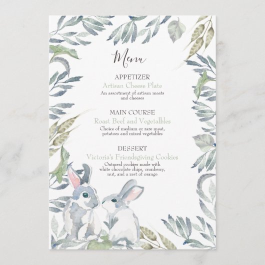 Menu Feuilles peints et lapins d'aquarelle en bois (Devant)