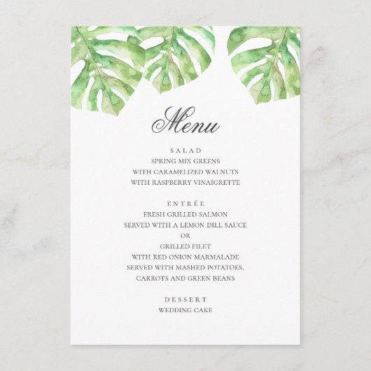 Menu Feuilles verts exotiques. Mariage tropical d'été (Devant)