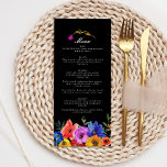 Menu Fiesta Mexicaine Espagnol Coloré Mariage Floral<br><div class="desc">Ajoutez à votre mariage une touche de culture vivante grâce à notre menu de mariages floraux d'inspiration espagnole Fiesta Mexicaine. Ce menu magnifiquement conçu est orné de motifs floraux dans une émeute de couleurs audacieuses, des rouges riches, des jaunes ensoleillés, des bleus vifs et des verts luxuriants, qui capturent l'essence...</div>