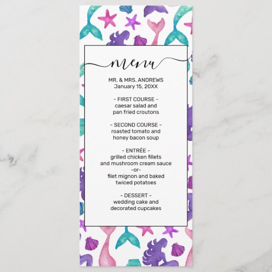 Menu Fille Aquarelle Mermaids Contes Coquillages Motif (Devant)