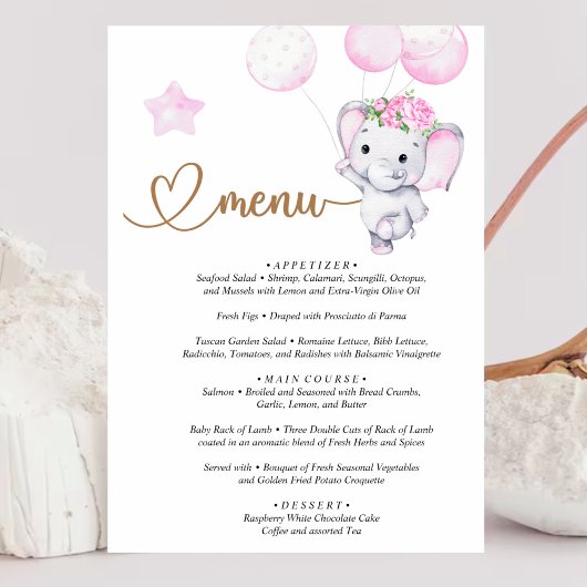 Menu Fille Eléphant & Baby shower Fleur