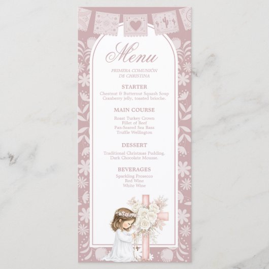 Menu Fille rose agenouillée Primera Comunion (Devant)