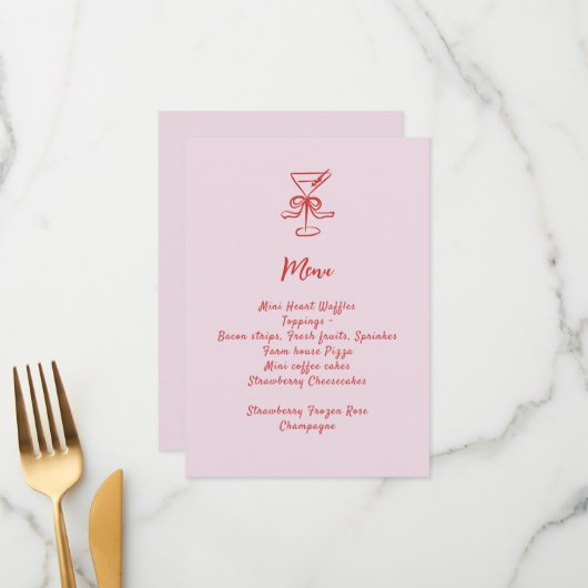 Menu Filles Cocktail Brunch Rouge rose manuscrit (Devant/Arrière en situation)