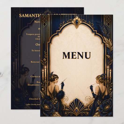 Menu Filles Gatsby flapper art déco dîner de mariage (Devant / Derrière)