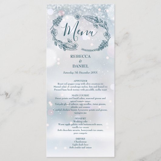 Menu Flammes de neige florales rustiques Mariage hivern (Devant)