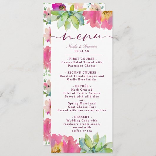 Menu Fleur Chic Mint & Blush Pink Floral Dîner (Devant / Derrière)