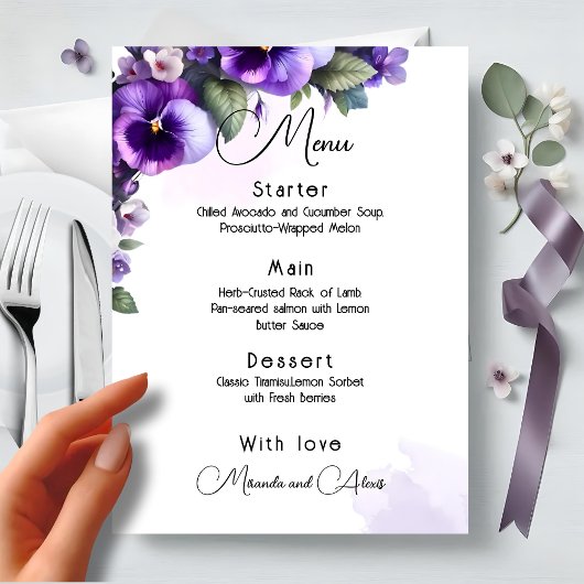 Menu Fleur de couleur violette et argent sur fond ivoir