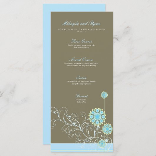 Menu Fleur de neige bleue Flûte Élégant Mariage Whimsic (Devant / Derrière)