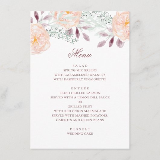 Menu Fleur de pêche aquarelle. Mariage botanique. Flora (Devant)