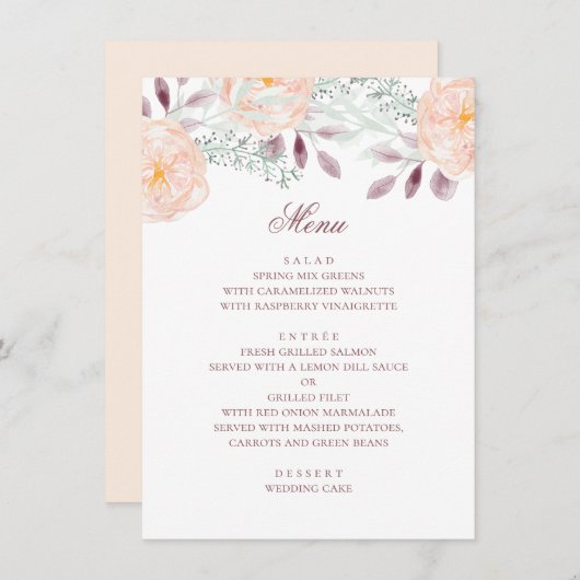 Menu Fleur de pêche aquarelle. Mariage botanique. Flora (Devant / Derrière)