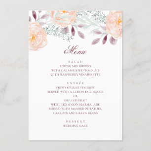 Menu Fleur de pêche aquarelle. Mariage botanique. Flora