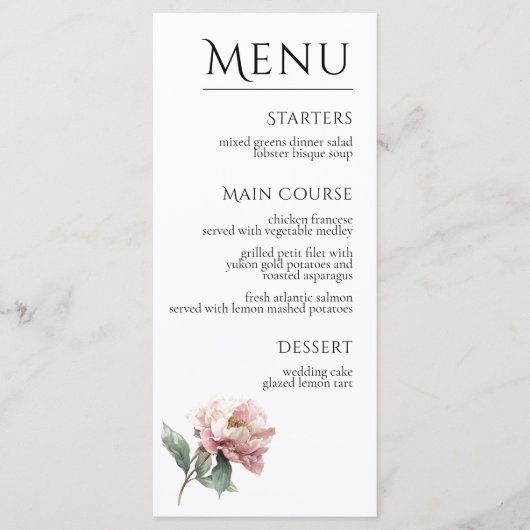 Menu Fleur de Pivoine Rose Blush Élégant Mariage Dîner (Devant)