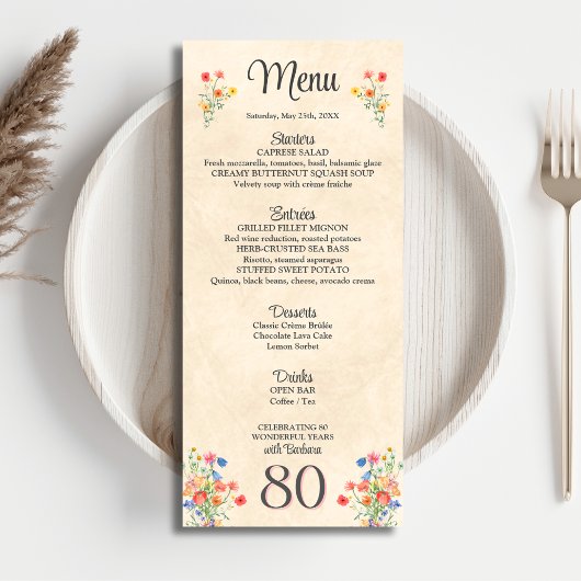 Menu Fleur élégante 80 ans Fête Florale 80e anniversair