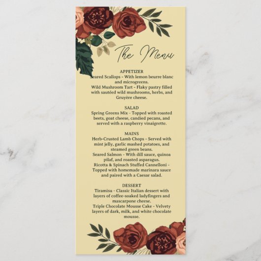 Menu Fleur Romance Beige Chaud , Menu de Mariage (Devant)