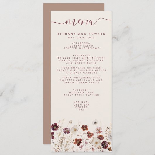 Menu Fleur sauvage Automne Champ Beige Mariage (Devant / Derrière)
