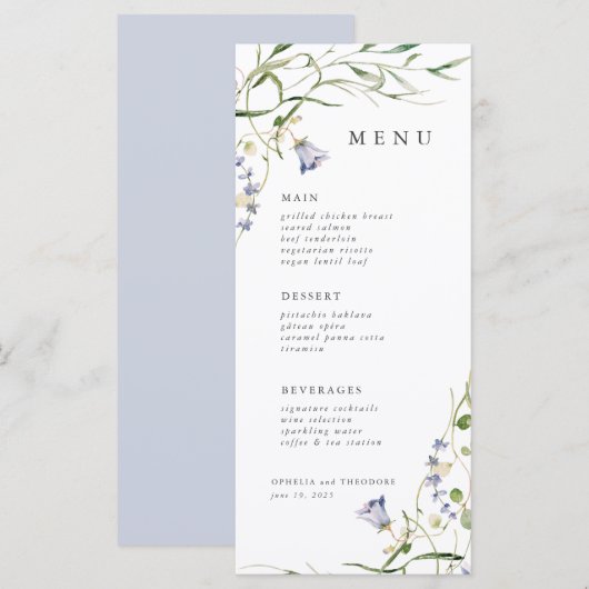 Menu Fleur sauvage Bleu Aquarelle Mariage élégant (Devant / Derrière)