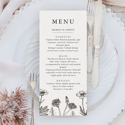 Menu Fleur sauvage Boho Mariage à main croisée