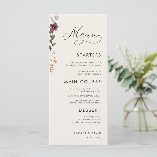 Menu Fleur sauvage Boho Monogramme Mariage trois cours (Debout devant)