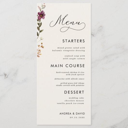 Menu Fleur sauvage Boho Monogramme Mariage trois cours (Devant)