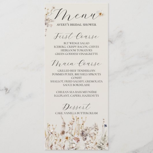 Menu Fleur sauvage Boho Rustic Elegant Fête des mariées (Devant)