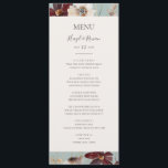 Menu Fleur sauvage de Cuivre Bourgogne | Dîner Mariage<br><div class="desc">Ce fleur sauvage en cuivre bordeaux | turquoise menu de dîner mariage est parfait pour votre classique rouille boho rustique, blanc, marsala réception de mariage. Le design présente une couronne bohème ou un bouquet de fleurs sauvages d'aquarelle moderne violet, rouge, gris et rose vif, ainsi que des oranges brûlées et...</div>